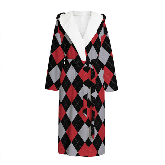Black Red And Grey Argyle Pattern Print Hooded Bathrobe