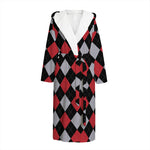 Black Red And Grey Argyle Pattern Print Hooded Bathrobe