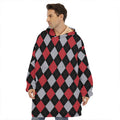 Black Red And Grey Argyle Pattern Print Hoodie Blanket