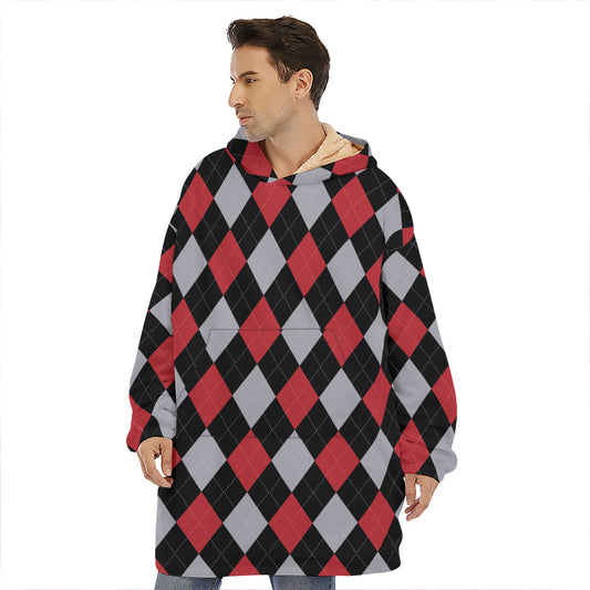 Black Red And Grey Argyle Pattern Print Hoodie Blanket