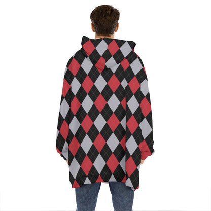 Black Red And Grey Argyle Pattern Print Hoodie Blanket