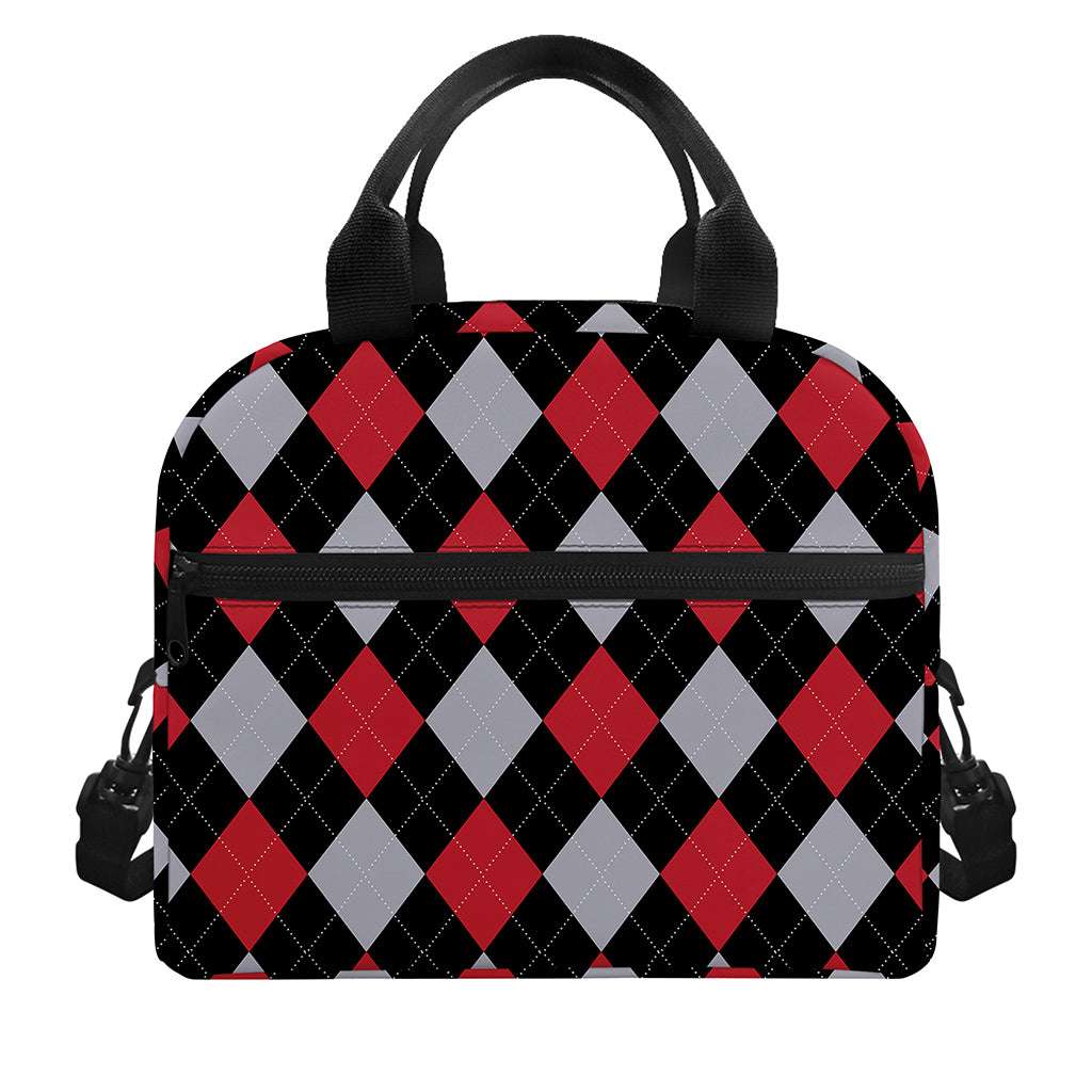 Black Red And Grey Argyle Pattern Print Insulated Lunch Bag