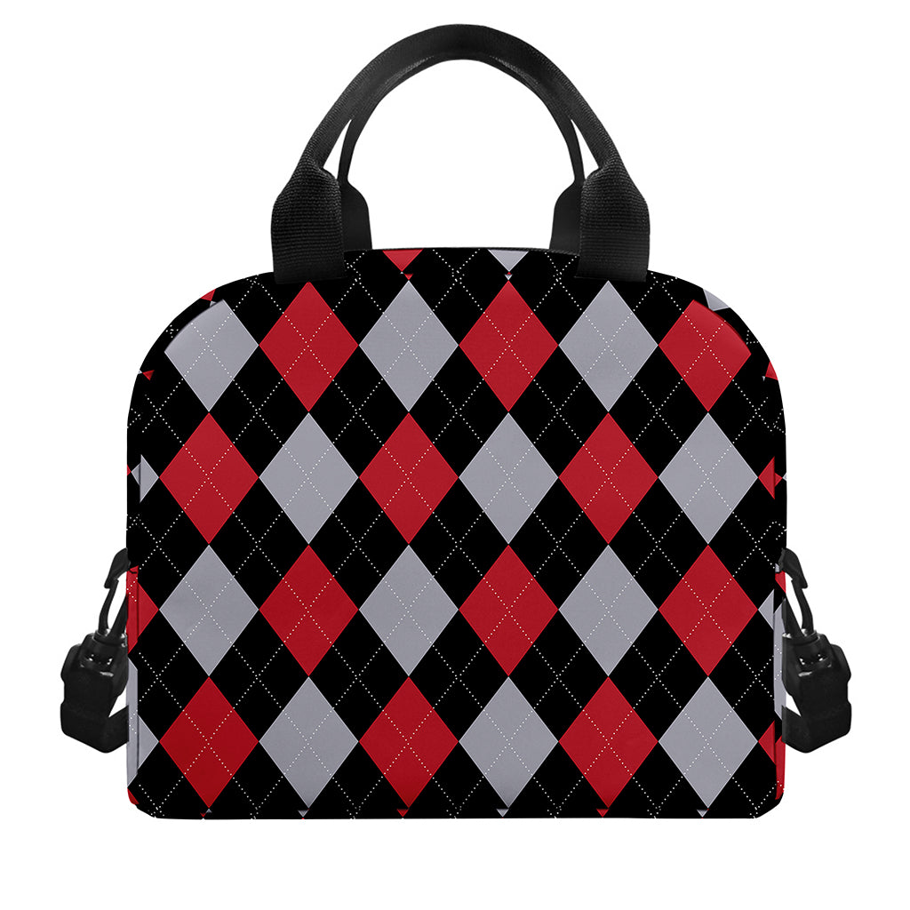 Black Red And Grey Argyle Pattern Print Insulated Lunch Bag
