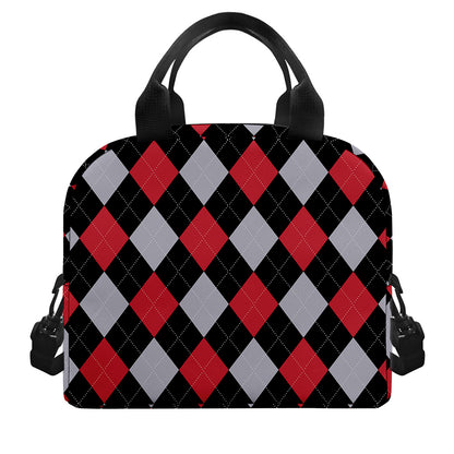 Black Red And Grey Argyle Pattern Print Insulated Lunch Bag