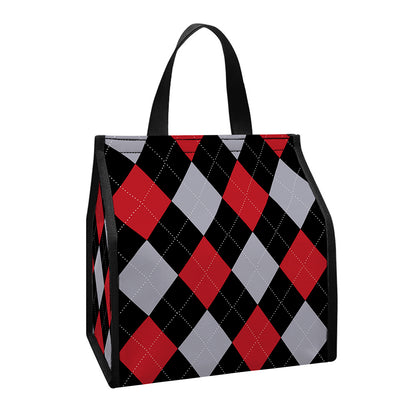 Black Red And Grey Argyle Pattern Print Insulated Lunch Tote