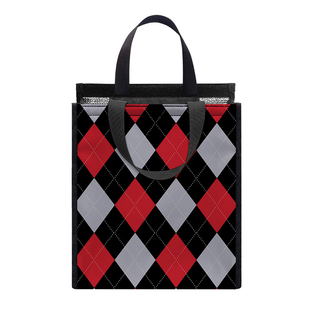 Black Red And Grey Argyle Pattern Print Insulated Lunch Tote