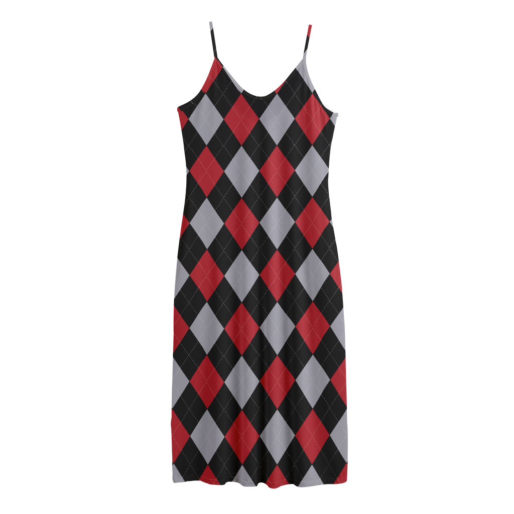 Black Red And Grey Argyle Pattern Print Jersey Midi Cami Dress