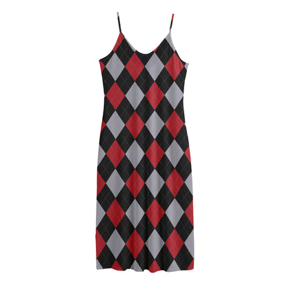 Black Red And Grey Argyle Pattern Print Jersey Midi Cami Dress