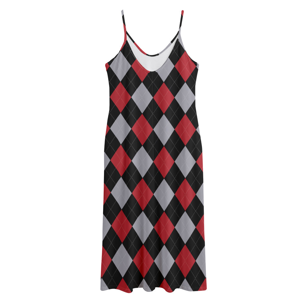 Black Red And Grey Argyle Pattern Print Jersey Midi Cami Dress