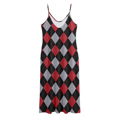 Black Red And Grey Argyle Pattern Print Jersey Midi Cami Dress
