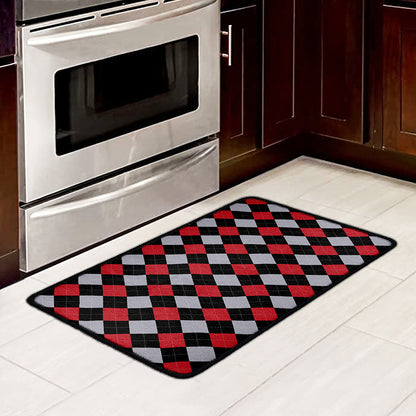 Black Red And Grey Argyle Pattern Print Kitchen Mat