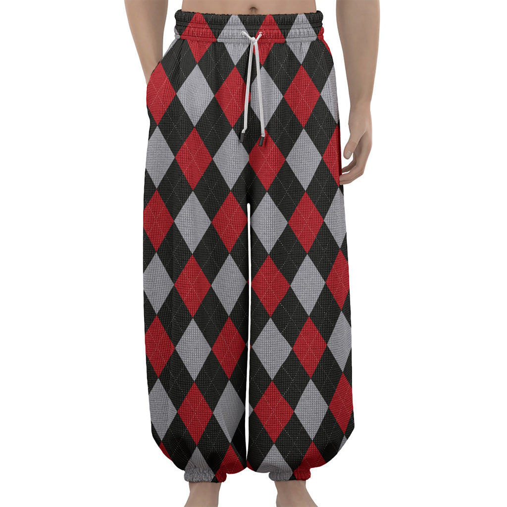 Black Red And Grey Argyle Pattern Print Lantern Pants
