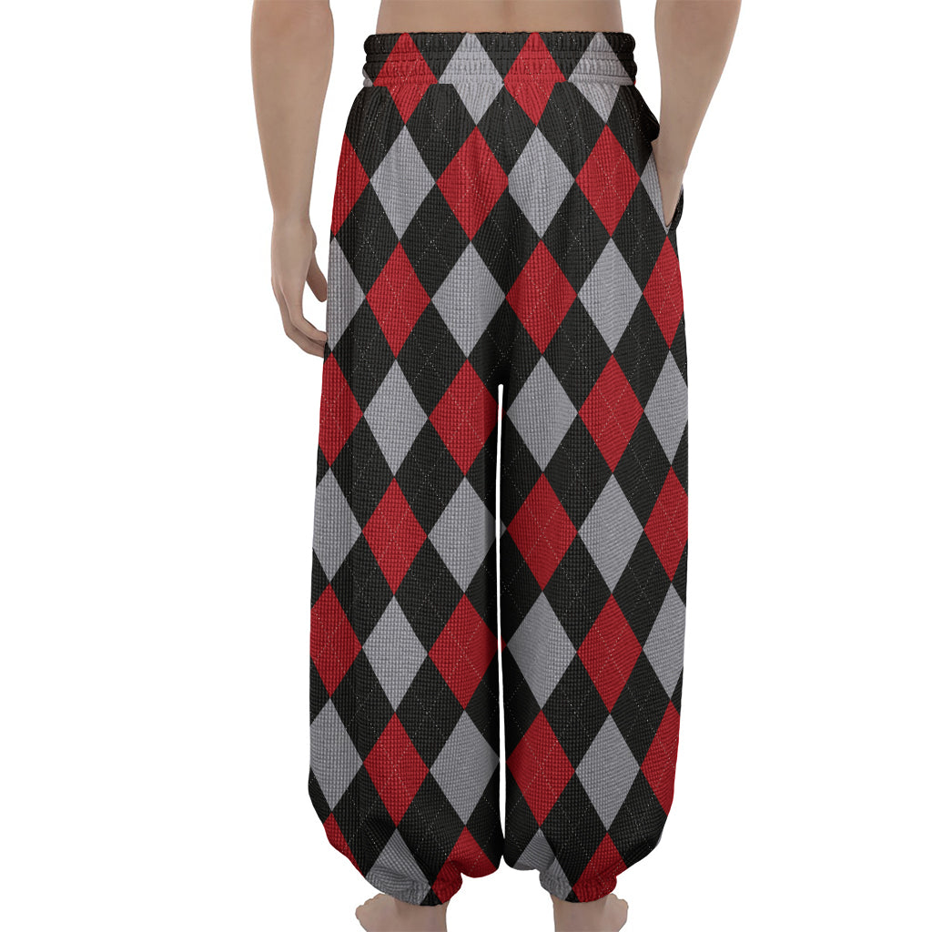 Black Red And Grey Argyle Pattern Print Lantern Pants
