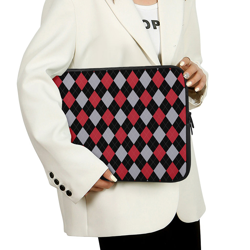 Black Red And Grey Argyle Pattern Print Laptop Sleeve