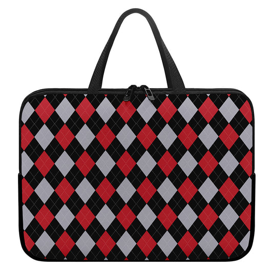 Black Red And Grey Argyle Pattern Print Laptop Sleeve With Handle