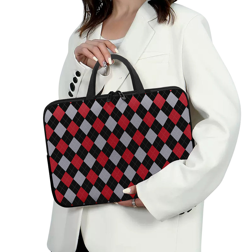 Black Red And Grey Argyle Pattern Print Laptop Sleeve With Handle