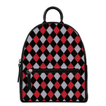 Black Red And Grey Argyle Pattern Print Leather Backpack