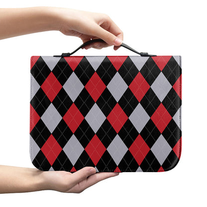 Black Red And Grey Argyle Pattern Print Leather Bible Cover