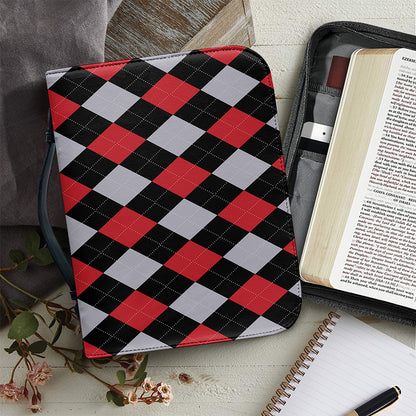 Black Red And Grey Argyle Pattern Print Leather Bible Cover