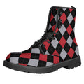 Black Red And Grey Argyle Pattern Print Lace-Up Boots