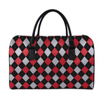 Black Red And Grey Argyle Pattern Print Leather Duffle Bag