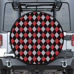 Black Red And Grey Argyle Pattern Print Leather Spare Tire Cover