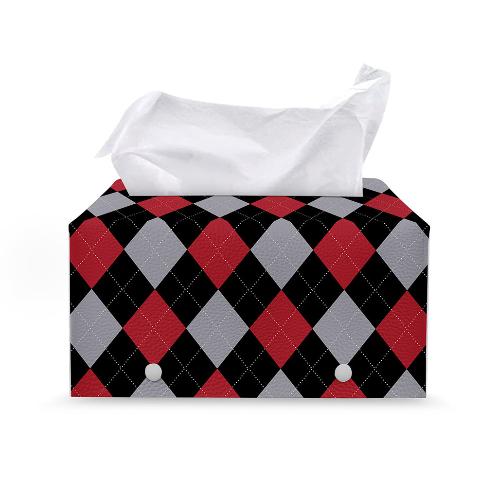 Black Red And Grey Argyle Pattern Print Leather Tissue Box Cover
