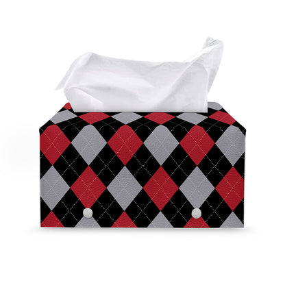 Black Red And Grey Argyle Pattern Print Leather Tissue Box Cover
