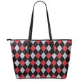 Black Red And Grey Argyle Pattern Print Leather Tote Bag With Zipper