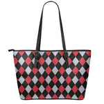 Black Red And Grey Argyle Pattern Print Leather Tote Bag