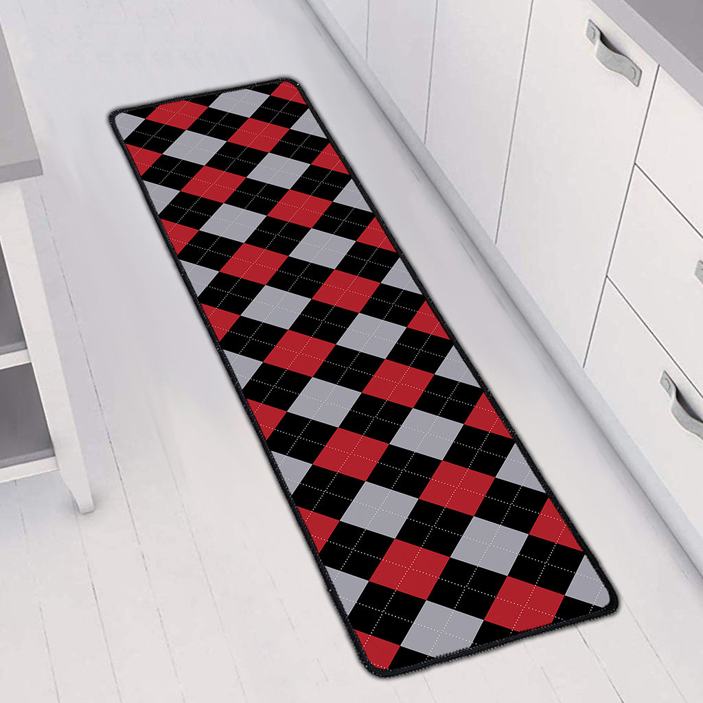 Black Red And Grey Argyle Pattern Print Long Kitchen Mat