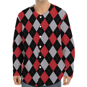 Black Red And Grey Argyle Pattern Print Long Sleeve Baseball Jersey