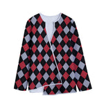 Black Red And Grey Argyle Pattern Print Long Sleeve Short Coat
