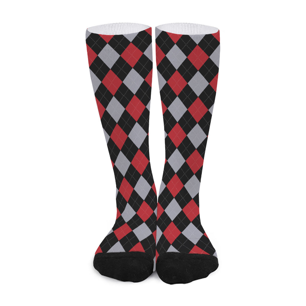 Black Red And Grey Argyle Pattern Print Long Socks