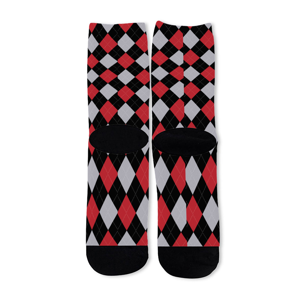 Black Red And Grey Argyle Pattern Print Long Socks