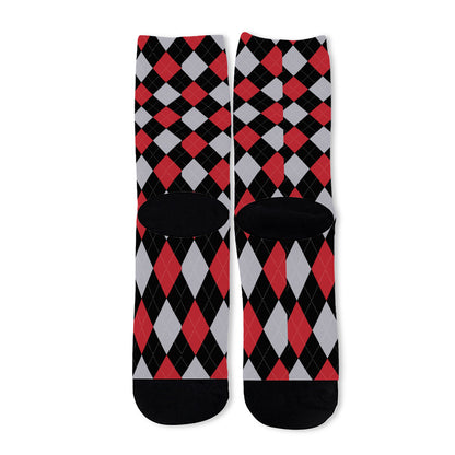 Black Red And Grey Argyle Pattern Print Long Socks