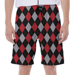 Black Red And Grey Argyle Pattern Print Men's Beach Shorts