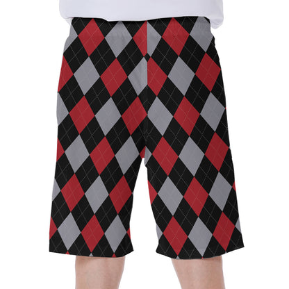 Black Red And Grey Argyle Pattern Print Men's Beach Shorts