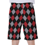Black Red And Grey Argyle Pattern Print Men's Beach Shorts