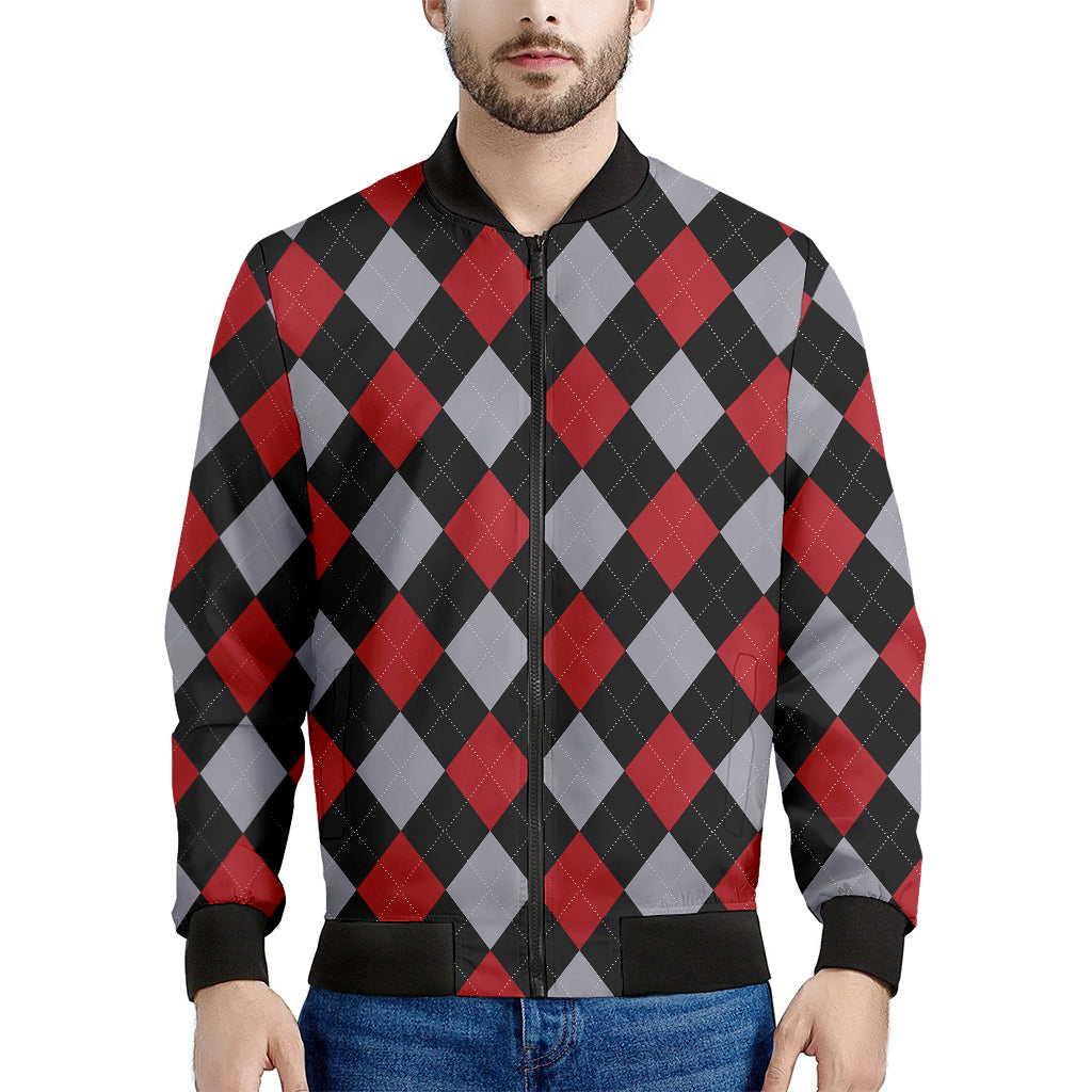 Black Red And Grey Argyle Pattern Print Men's Bomber Jacket