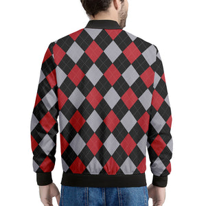 Black Red And Grey Argyle Pattern Print Men's Bomber Jacket