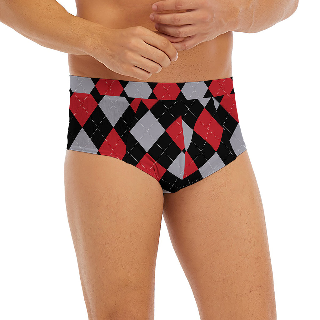 Black Red And Grey Argyle Pattern Print Men's Briefs