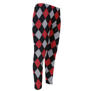 Black Red And Grey Argyle Pattern Print Men's Compression Pants