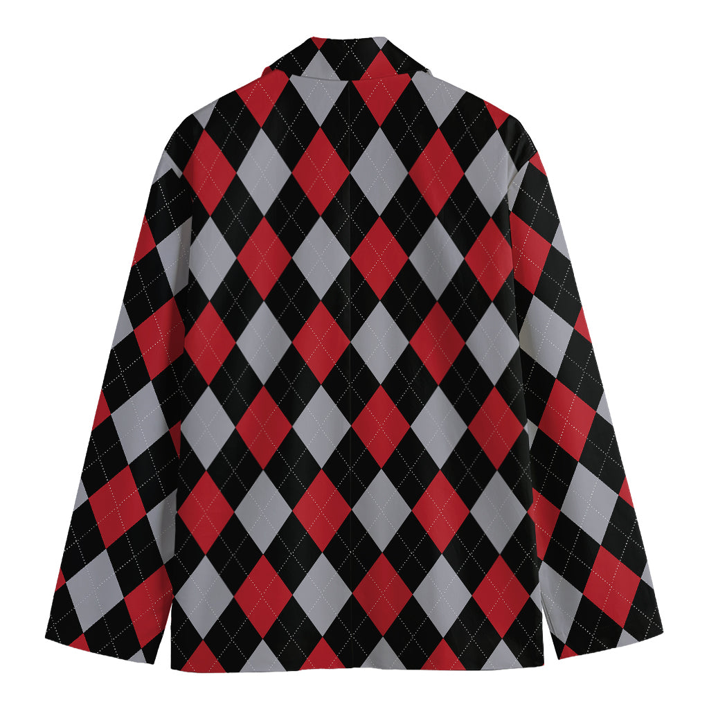 Black Red And Grey Argyle Pattern Print Men's Cotton Blazer
