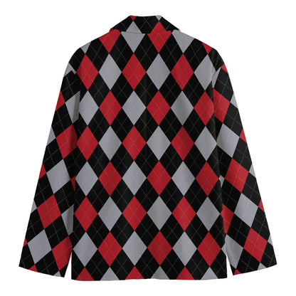 Black Red And Grey Argyle Pattern Print Men's Cotton Blazer