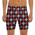 Black Red And Grey Argyle Pattern Print Men's Long Boxer Briefs