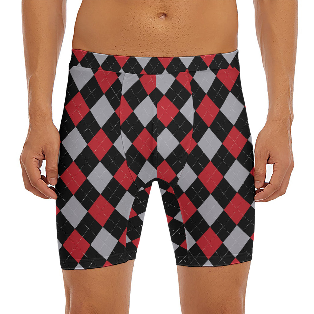 Black Red And Grey Argyle Pattern Print Men's Long Boxer Briefs