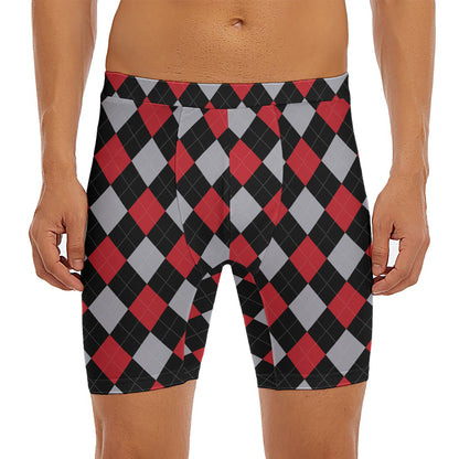 Black Red And Grey Argyle Pattern Print Men's Long Boxer Briefs