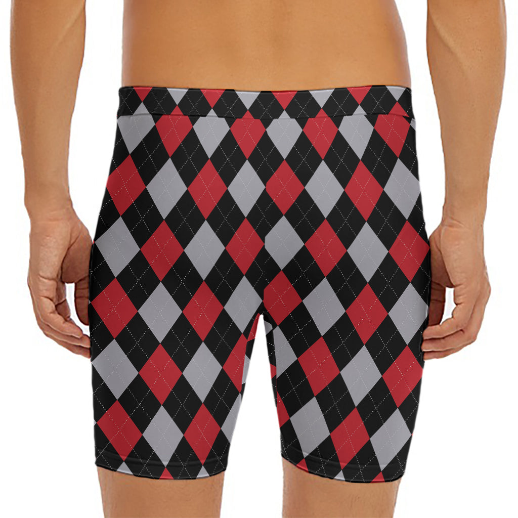 Black Red And Grey Argyle Pattern Print Men's Long Boxer Briefs