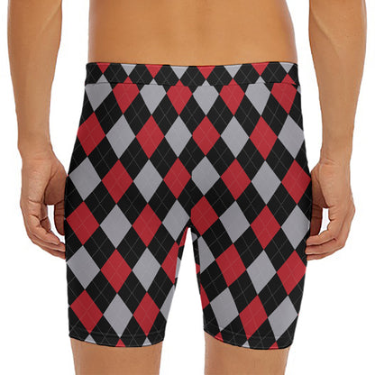 Black Red And Grey Argyle Pattern Print Men's Long Boxer Briefs